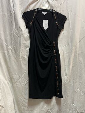 Carmen Marc Valvo Black Faux-Wrap Midi Dress with Grommet Accents